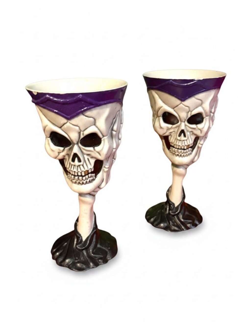 Vintage Halloween Skull Goblets – Set of 2 Purple & Black Gothic Wine Glasses